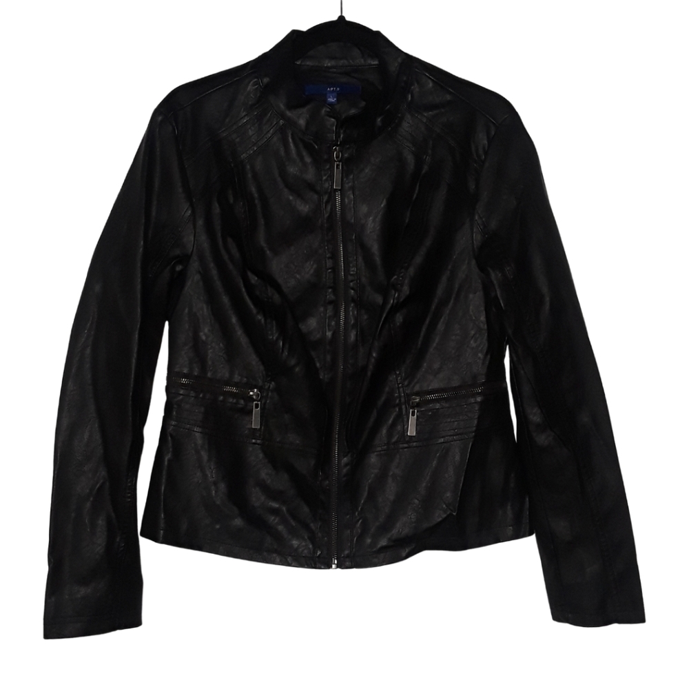 APT. 9 Black Faux Leather Pinstripe Lined Zip Up Jacket Large